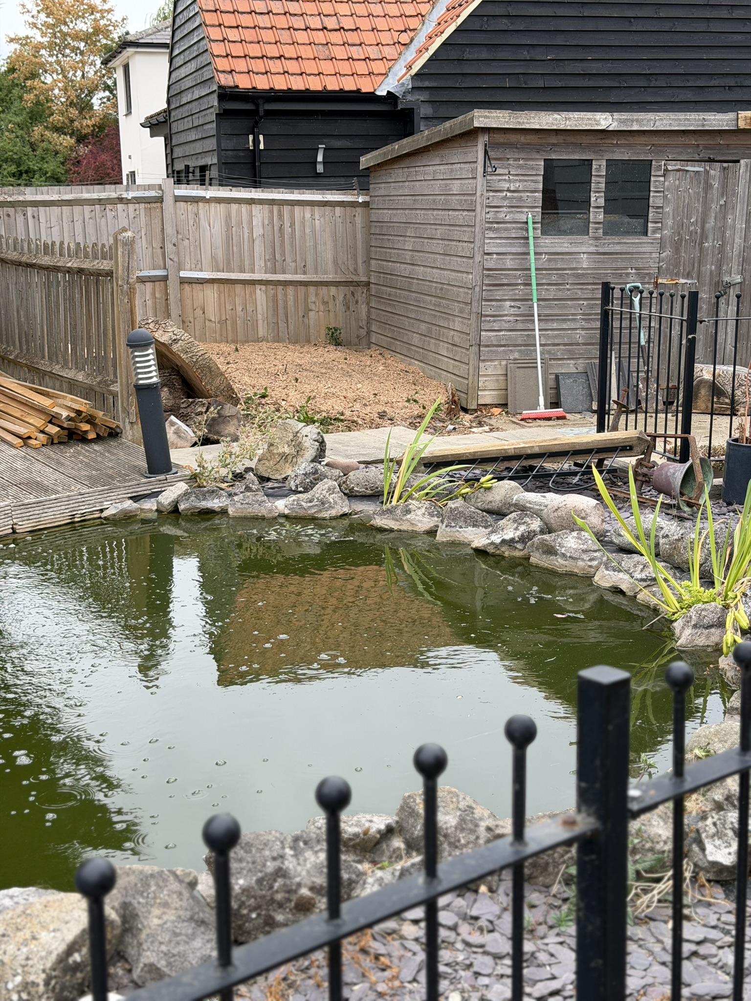 A Brentwood garden after stump grinding, with a bed of fresh wood chippings against the fence where the stumps used to be